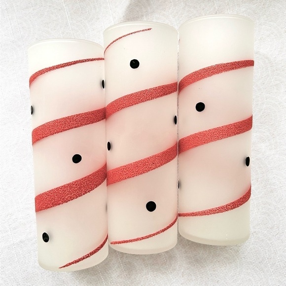 3 Vintage Frosted Highball Tumbler Glasses MCM Red Stripe Black Polka Dots - Picture 6 of 6